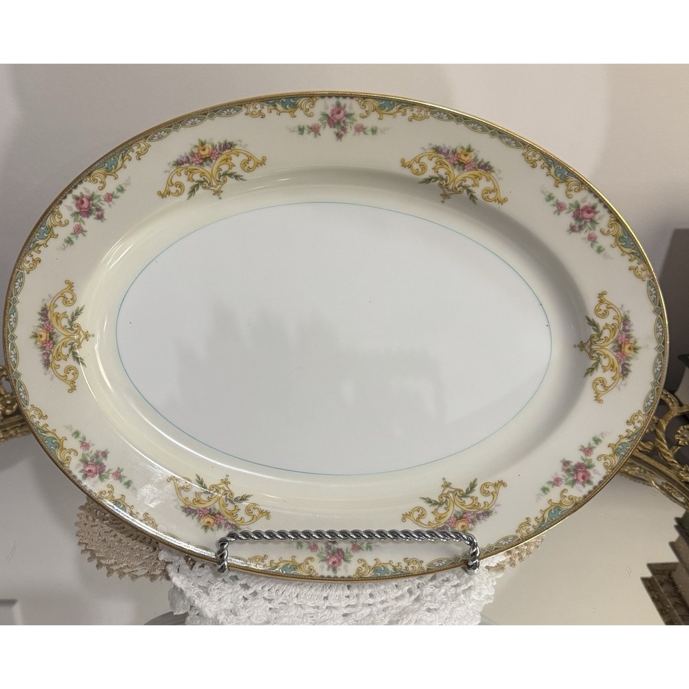1933 Vintage Noritake Gloria 13 1/2 in Oval Sewrving Platter Green Yellow Floral